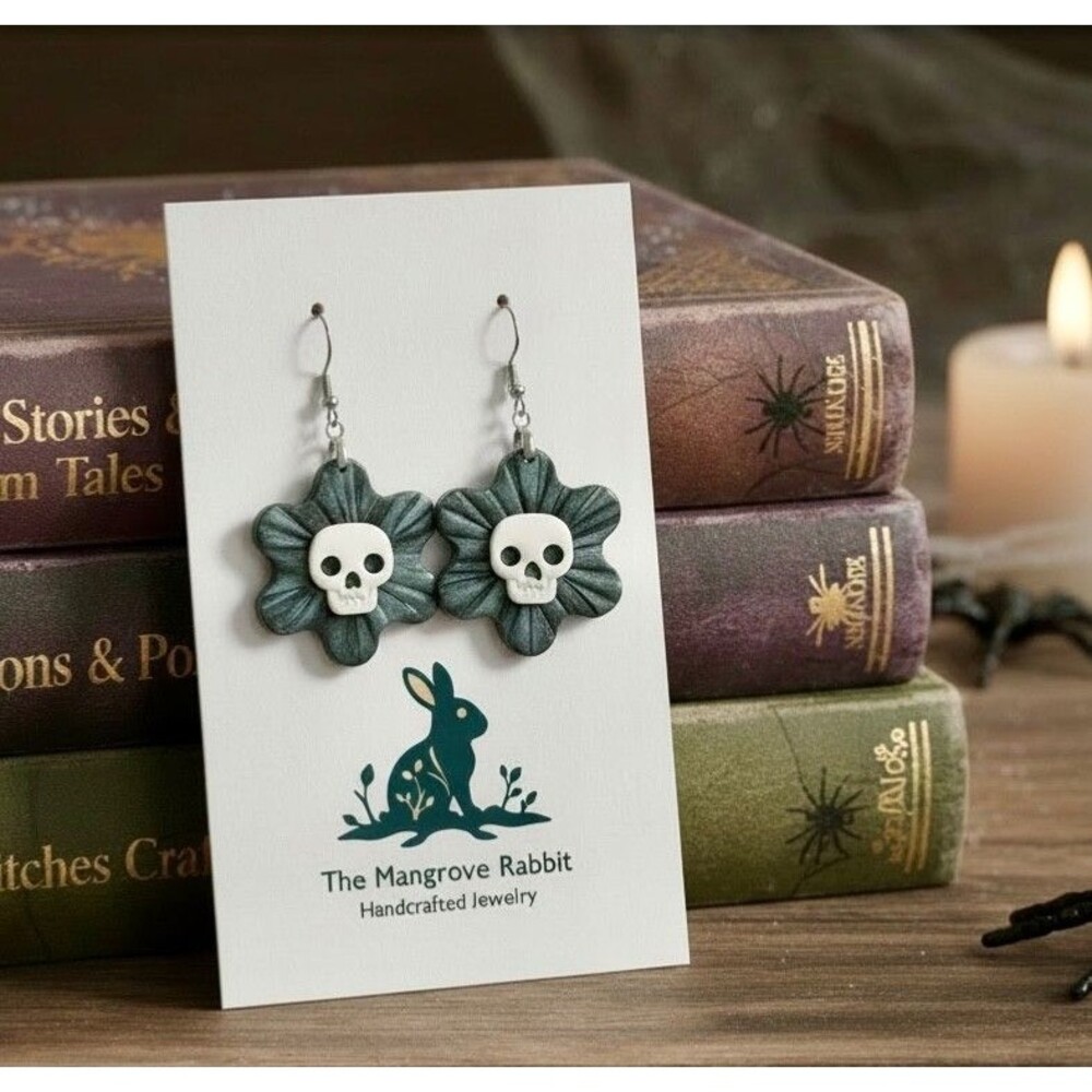 Black Skull on Flower Halloween Polymer Clay Dangle Handmade Earrings SS Wires